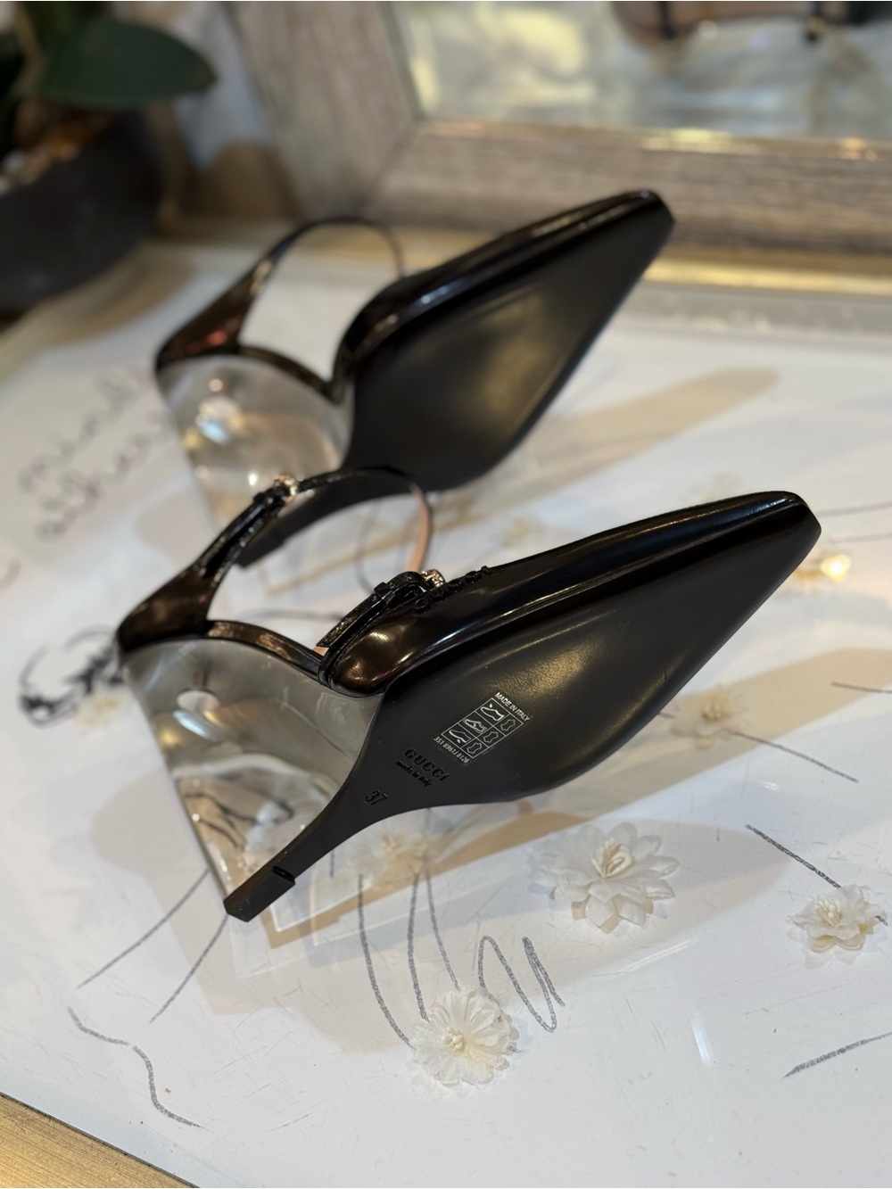 Gucci Black Patent Leather Pointed-Toe Clear Wedge Mules - Picture 7 of 12